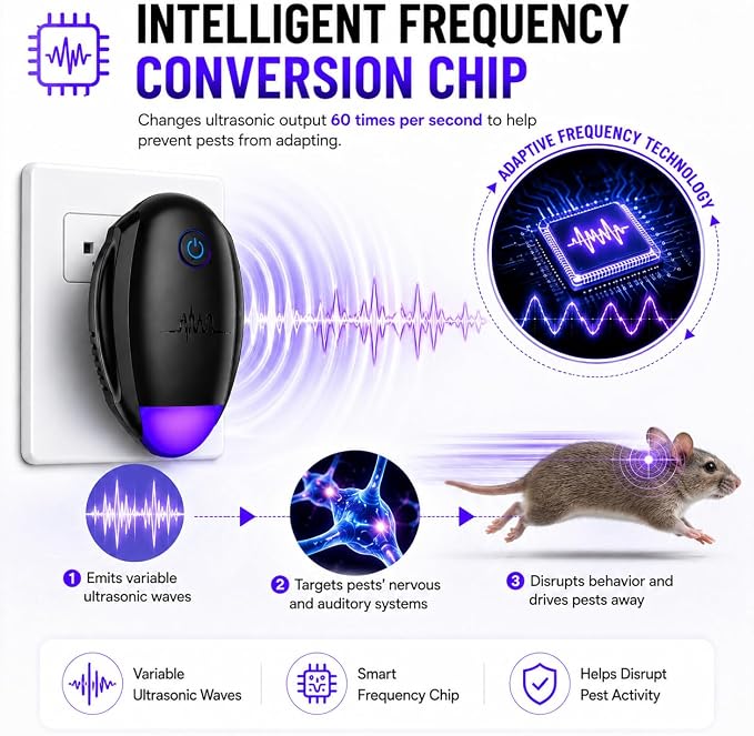 Upgraded Ultrasonic Repeller, Indoor Ultrasonic Repellent, Electronic Plug in Pest Control Device for Bugs, Mosquitoes, Roaches, Ants, Rodents, Mice, Spiders for Home, Warehouse, Garage