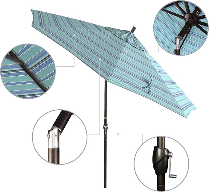 California Umbrella 9' Round Aluminum Market Umbrella, Crank Lift, Push Button Tilt, Bronze Pole