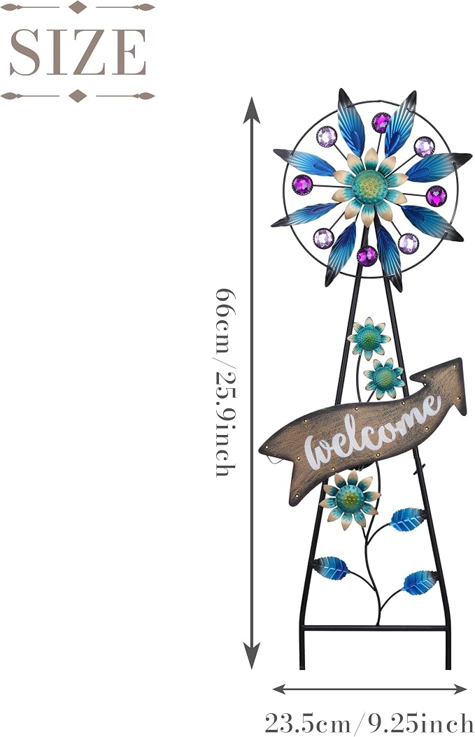 TERESA'S COLLECTIONS Garden Decor Solar Stake, Wind Spinner for Outdoor Decorations, Metal Windmill Blue Floral Yard Art Sign Decorative Garden Stake for Lawn Ornaments, Gifts for Mom, 26''