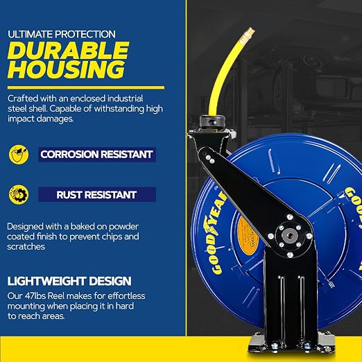 Goodyear Air Hose Reel Retractable 1/2" Inch x 50' Foot Long Premium Commercial Driven Sbr Hose Max 300 Psi Reinforced Steel Construction Heavy Duty Retractable Spring Industrial Dual Arm and Pedestal