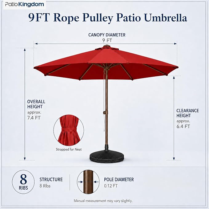 9FT Patio Umbrella, Outdoor Table Umbrella with Rope Pulley Lift, 3 Adjustable Heights, Market Umbrellas for Backyard, Pool and Deck, UPF50+