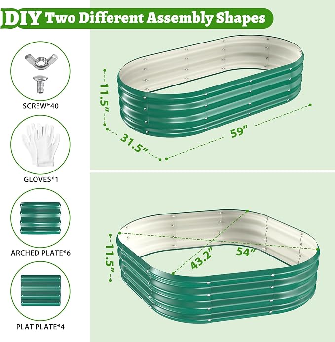 TBMLC Oval Galvanized Planter Box, Metal Raised Garden Bed - 0.8MM Thick- Ideal for Outdoor Gardening and Planting of Vegetables Flowers Fruits Succulent Plants and Others (Green, 5X2.7X1 FT)