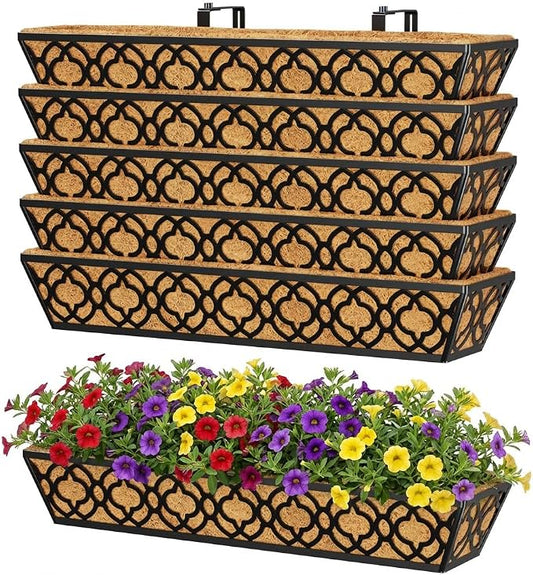 Y&M 6-Pack 30 Inch Railing Planter Boxes, Hanging Balcony Planter, Adjustable Deck Railing Planter Box, Metal Window Boxes Outdoor for Fence, Porch