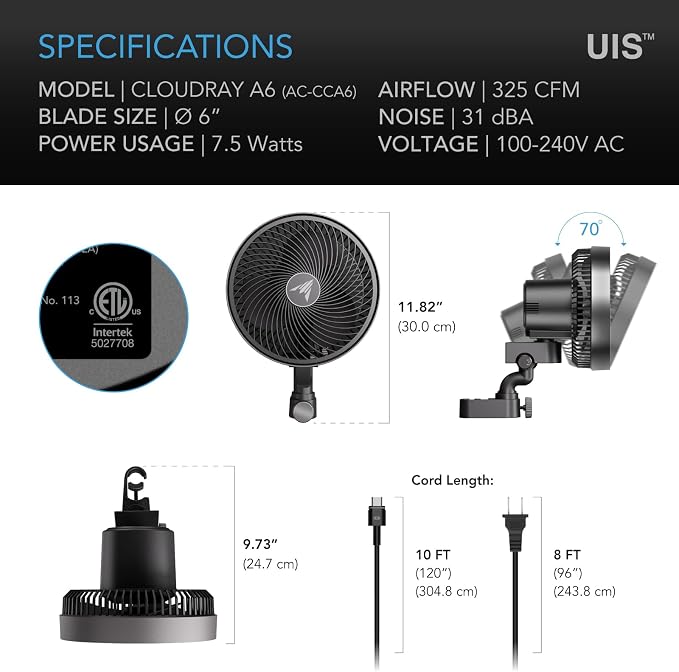 AC Infinity CLOUDRAY A6, Grow Tent Clip Fan 6” | Redesigned Long-Life EC Motor, 10 Dynamic Wind Speeds, IP-54 Weatherproof, Manual Swivel for Hydroponics Circulation Cooling