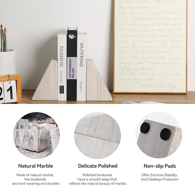 Marble Book Ends for Heavy Books, Decorative Bookends for Shelves, Durable and Heavy-Duty Bookends for Hardback Book & CDS, Off-White Unique Books Stopper & Holder, Set of 2