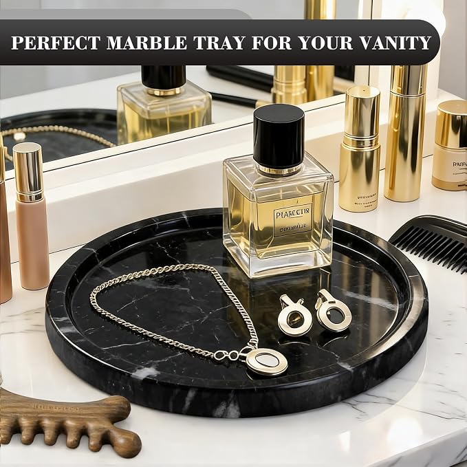 Natural Round Marble Tray - 7.8" Marble Vanity Tray for Dresser, Bathroom, Decorative Jewelry Dish for Perfumes Rings Earrings Necklaces, Stone Tray for Home Décor, Black