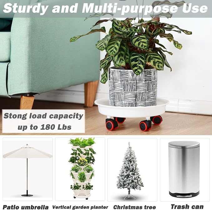 4 Packs 15.7 Inches Extra-Large Plant Caddy Plant Saucers on Wheels Rolling Plant Stands Heavy-duty Plant Dolly Plastic Planter Roller Base Pot Movers Outdoor Plant Tray Coaster, Clear white