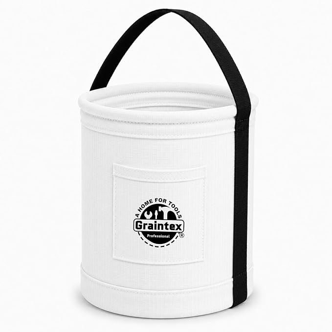 Graintex Canvas Utility Bucket 9.5"x14", Round Tool Bucket, Reinforced Base & Carry Handle, Ripstop Canvas, Ideal Multi-Purpose Bag for Jobsite, Gardening, Home Use, Tool Storage (White)