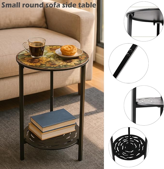 2-Tier Metal Round Side Table Black Accent Coffee Tables Small Space Corner Plant Stand Shelf for Indoor Outdoor Use Patio Balcony End Table Flower Print Weather-Resistant