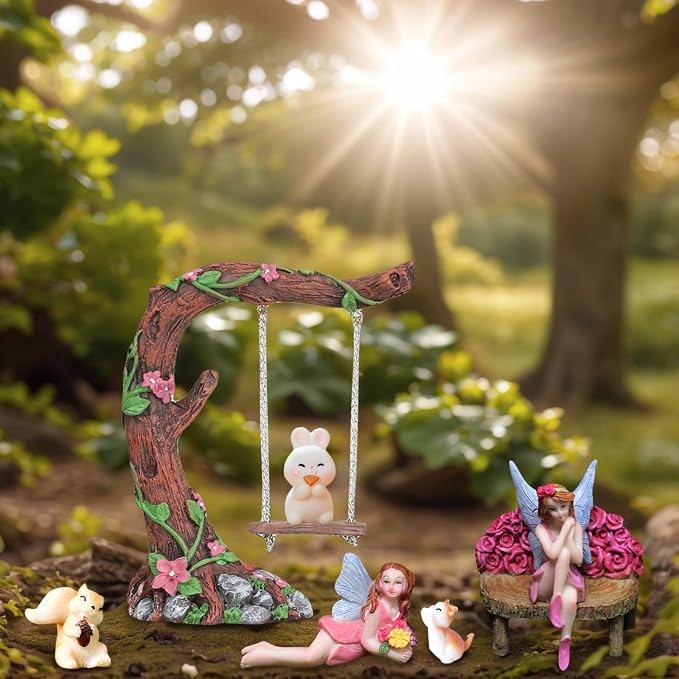 Swing Set of 42 Pcs Miniature Fairy Garden Accessories Outdoor Decor Figurines, Mini Whimsical Ornaments and Decorations for Patio, House, Garden, Desk, Yard Supplies