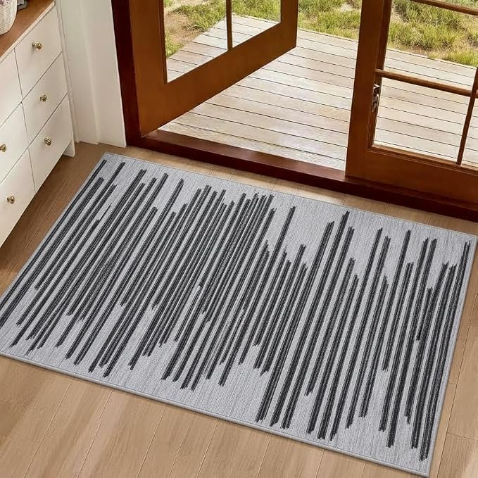GarveeHome 2x3 Washable Rug for Hallway Bedroom Non Slip Low Pile Carpet | Modern Striped Small Entryway Rugs Geometric Stain Resistant Soft Kitchen Rug, Black Grey
