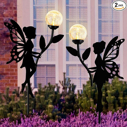 2 Pack Solar Fairy Garden Decor with Crackle Glass Globe Lights | Metal statues silhouette, waterproof, for outdoor lawn patio yard pathway home mother's day decorations gardening gifts