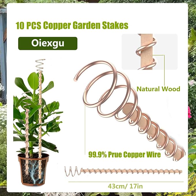 17" Electroculture Plant Stakes, 10 Pack Long Available Copper Garden Stake, Electroculture Copper Coil Wire Antennas, Tensor Rings Kit for Growing Vegetable Garden Plants, High-Yield