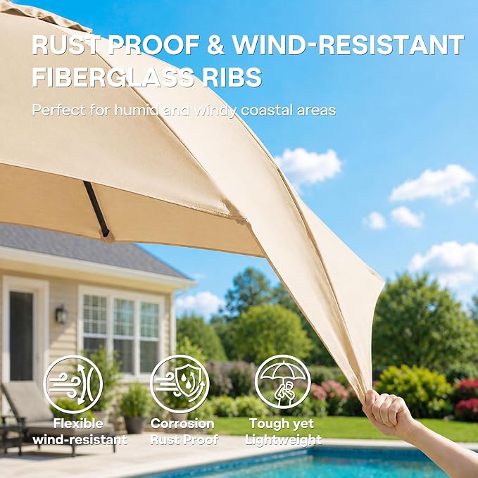Sannwsg 9/10 FT Patio Umbrella Outdoor with 8 Premium Fiberglass Ribs, Push Button Tilt and Crank, UV Protection Table Market Umbrella for Pool, Porch, Garden, Deck, Backyard, Outside
