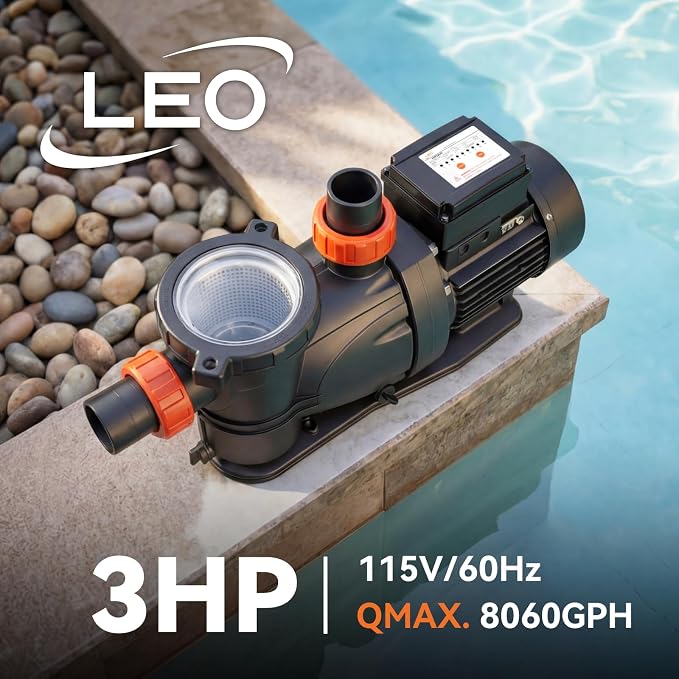 LEO 3HP In/Above Ground Pool Pump with Timer High Flow Powerful Self Priming Pool Pump, Single Speed 115V 7910GPH, Orange Red