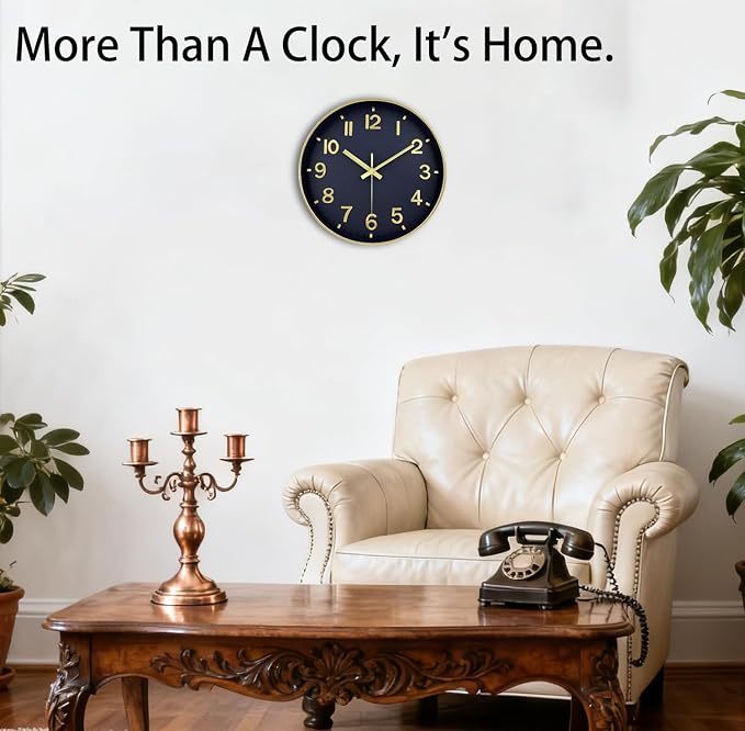 Wall Clocks Battery Operated, 12Inch Non Ticking Digital Wall Clock, Silent Analog Clock for Bedroom Living Room Kitchen Office Hotel Decor, Navy Blue Large Number Clocks for Seniors Elderly