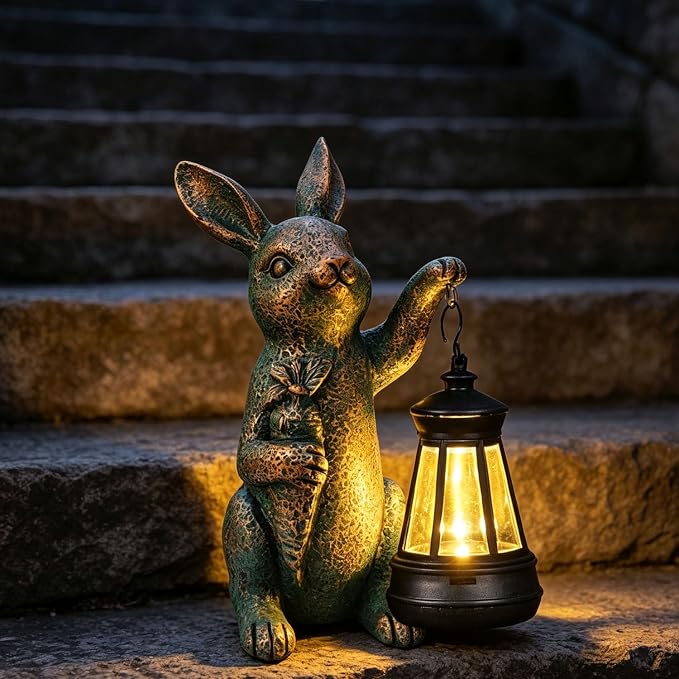 Solar Garden Statues -Rabbit Lantern Outdoor Handmade Resin Statue with LED Light, Cute Carrot Holder for Patio, Yard, Gift Ideas (rabbit2)