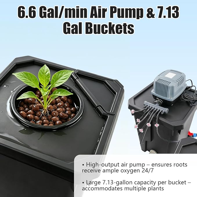 DWC Hydroponic System, Hydroponic Bucket Set (6 Planting Buckets+1 Storage Bucket), 7.13Gallon Water Culture Growing Bucket with Air Pump & Top Drip Kit, for Indoor/Outdoor