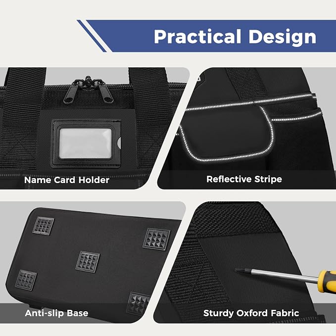 16-Inch Heavy Duty Tool Bag, 22 Pockets Empty Tool Box Organizer Storage, Soft Tote Toolbox Organization Portable Handle Carrying Work Toolbag for Electrician Mechanic, Dad Men Gifts, Black