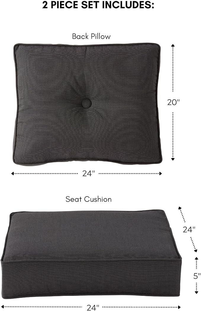 Sunbrella Deep Seat Cushion Set – Seat & Back Cushions for Patio Chairs, Sofas & Loveseats – Fade Resistant Outdoor Fabric, Ties, Zippered Cover, Cord Trim, Canvas Coal