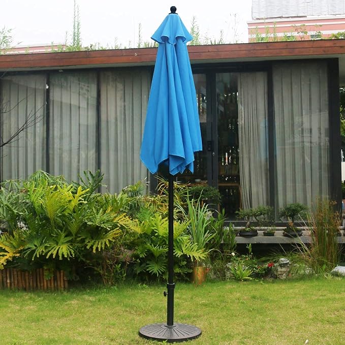 Sunnyglade 7.5' Patio Umbrella 6 Ribs (Blue) | 18" 30.2-lbs Heavy Duty Round Antiqued Umbrella Base, Bronze