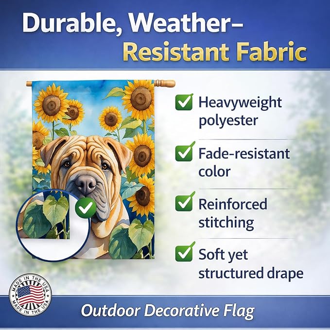Caroline's Treasures DAC6159CHF Shar Pei in Sunflowers House Flag Large Porch Sleeve Pole Decorative Outside Yard Banner Artwork Wall Hanging, Polyester, House Size, Multicolor