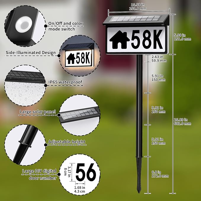 Solar Address Sign, Lighted House Numbers for Outside, 3 Colors Waterproof Illuminated House Number Plaque With Stake, Wall Mounted or In Ground Solar Address Numbers for Yard Garden Street Home (Black, 2 Pack)