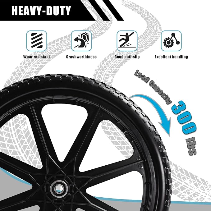 20" Flat Free Tire Cart Wheels Replacement for Rubber Maid Wheelbarrow Wheels Garden Cart, Replacement Wheels with 5/8" 3/4" Bearing for Utility Carts/Lawn Carts/Wheelbarrow, Black 2PACK