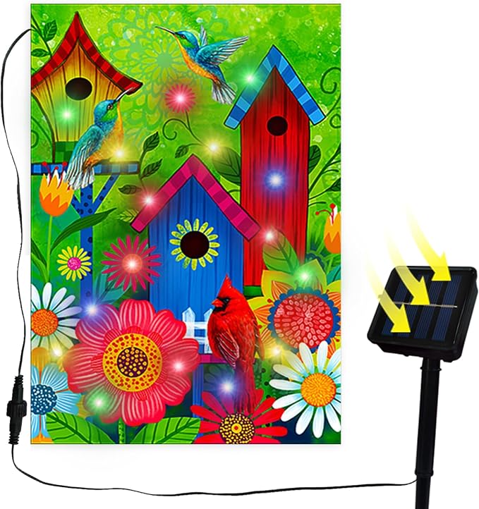 Welcome Lighted birds house large garden flags 28X40 double sided solar | lawn home spring decoration,Vibrant colors, soft polyester