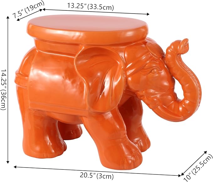 JONATHAN Y White Elephant 14.25" Glazed Ceramic Elephant Garden Stool, Weather-Resistant Indoor/Outdoor Patio Side Table and Plant Stand, Bohemian, Orange TBL1007C