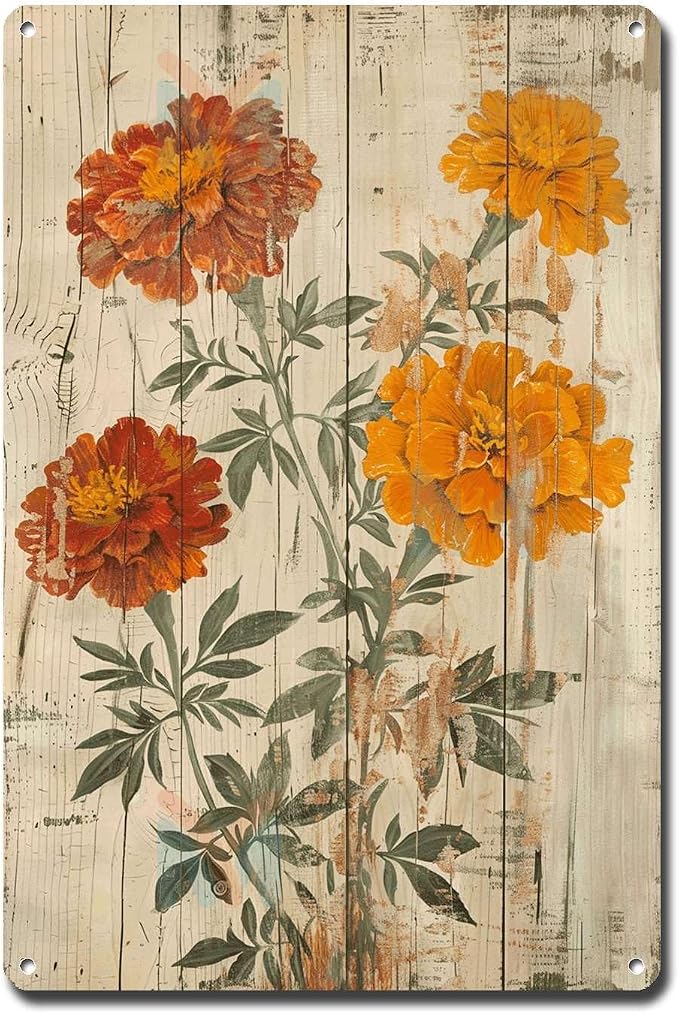 Metal Sign Tin Sign Vintage Wall Art Shabby Chic Marigolds Tin Sign for Rustic Joy Antique Garden Symbolism and Distressed Wood Panels Tin Sig for Room 6×8 Inches