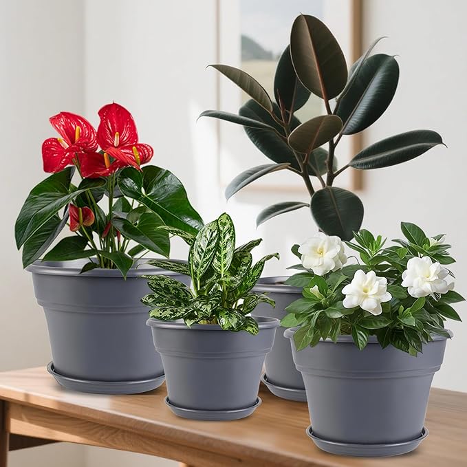Myfeegoin 16-inch-Plant-Pots, 4 Pack Large Planters for Outdoor Plants, Plastic Flower Pots Indoor with Drainage Holes & Trays, Classic Garden Pot Container for House
