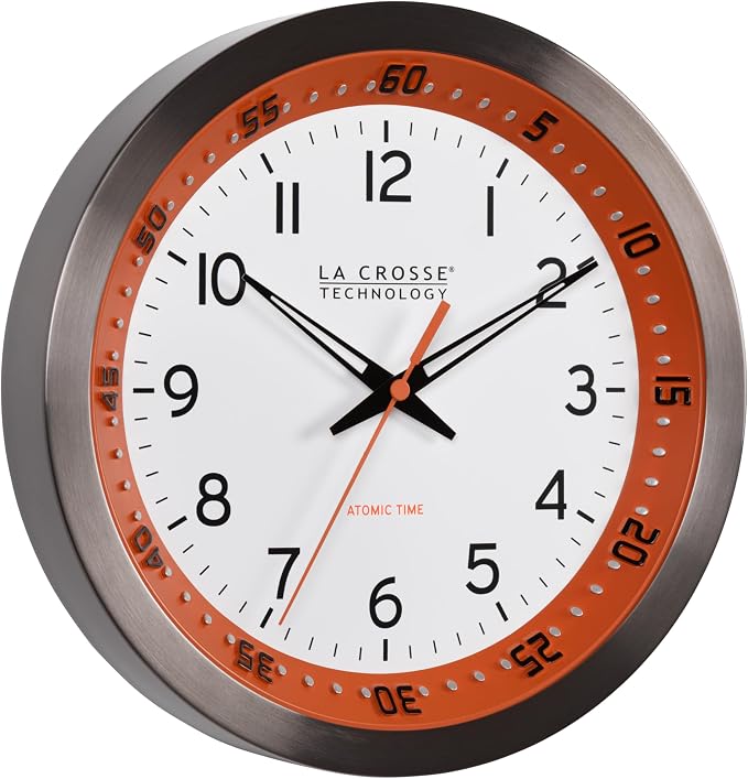 La Crosse Technology 404-87696-INT 10 inch Orange Chapter Ring Stainless Steel Atomic Analog Wall Clock