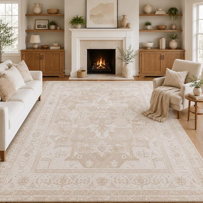 10x14 Area Rugs Washable Large Vintage Rug for Living Room Bedroom | Beige Farmhouse Boho Floral Neutral Washable Stain Resistant Indoor Carpet for Bedroom Office and Home Decor