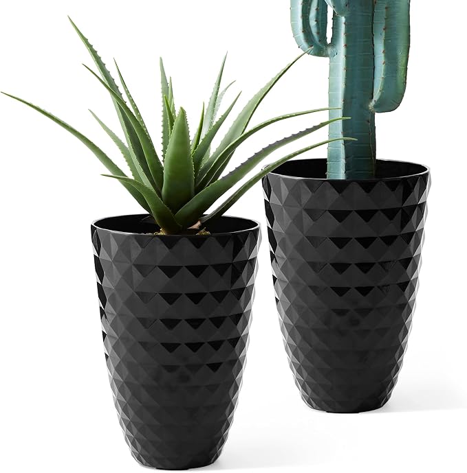 Glitzhome 19.75" H Oversized Tall Planter, Modern Set of 2 Round Tall Black Planters with Drainage Holes, Garden Plant Pots Flower Container for Indoor Outdoor, Front Door, Patio and Deck