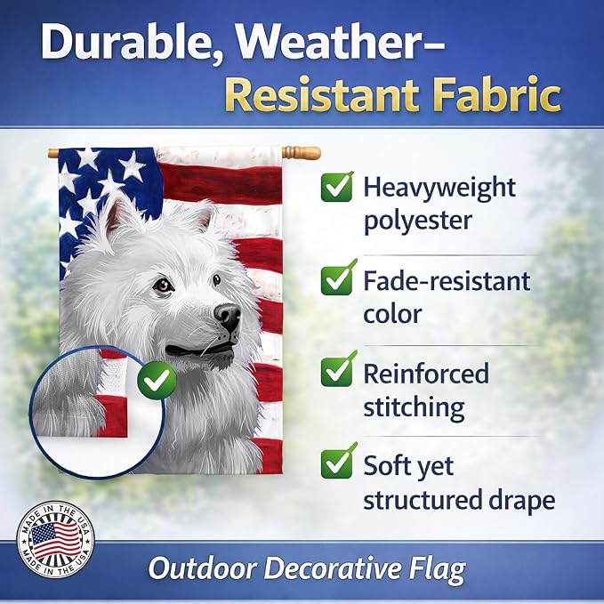 Caroline's Treasures CK6398CHF American Eskimo Dog American Flag House Flag Large Porch Sleeve Pole Decorative Outside Yard Banner Artwork Wall Hanging, Polyester, House Size, Multicolor