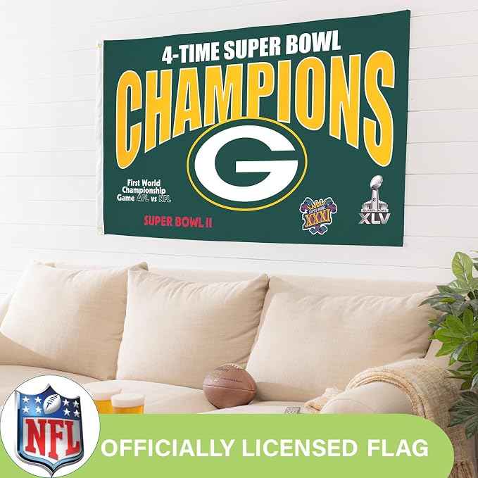 Team Sports America NFL Green Bay Packers Multi-Win Superbowl Champions 3x5 Flag for Outside with Grommets | Outdoor & Indoor | Heavy Duty Flag & Banner | Works with Flag Pole for Outside House