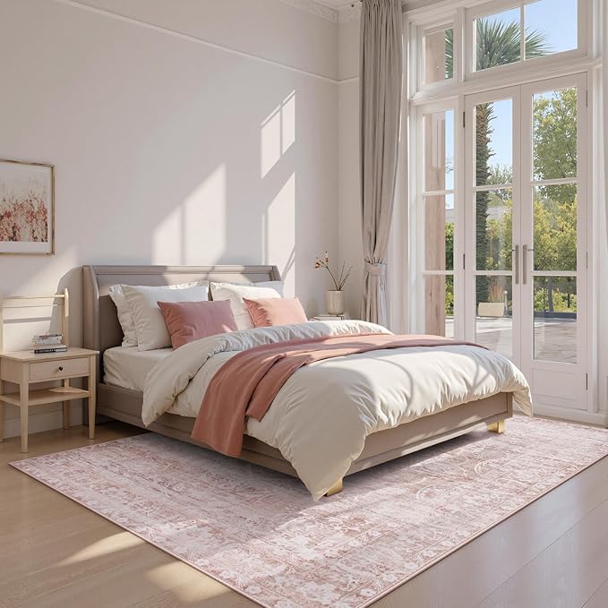 Lahome Pink Rug 6x9 Area Rugs, Soft Washable Rugs for Girls Bedroom | Living Room Rug Non Slip Ultra Thin, Boho Playroom Farmhouse Stain Resistant Carpet for Office Aube (Pink, 6'X9')