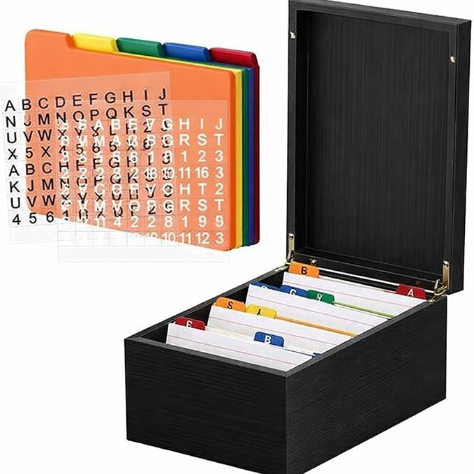 Henoyso 4 x 6 Inch Index Card Holder Set, Bamboo Organizer Box with 50 Dividers & 2 Sheets Alphabet Number Stickers File Note Holders, Holds 1200 Cards for Office Business Home Kitchen, Black