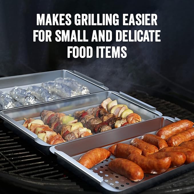 Yukon Glory BBQ 'N SERVE Grill Basket Set — 3 Commercial-Grade Stainless Steel Baskets, Clip-On Handle & Patented Grill-to-Table Design, RUST-PROOF, Dishwasher Safe, for Fish, Vegetables & Meat