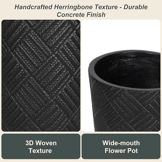 Oakrain 17.7" Tall Planter for Indoor Plants, Large Flower Pot with Handcrafted Herringbone Texture, Modern Floor Planter for Front Porch, Patio, Living Room, Black