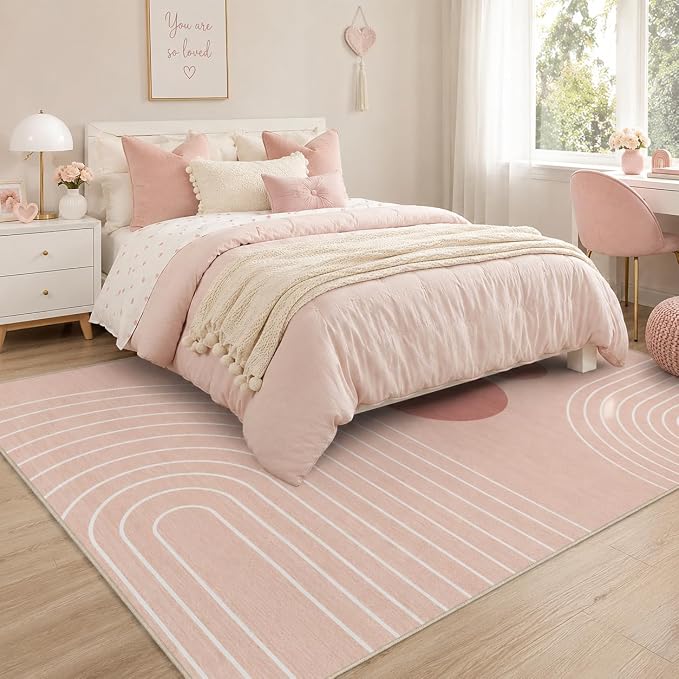 Boho Rug 3x5 Modern Geometric Minimalist Abstract Line Area Rug for Entryway Living Room Pink Mid Century Modern Machine Washable Non-Slip Printed Low-Pile Floor Carpet for Kitchen Bedroom Pink