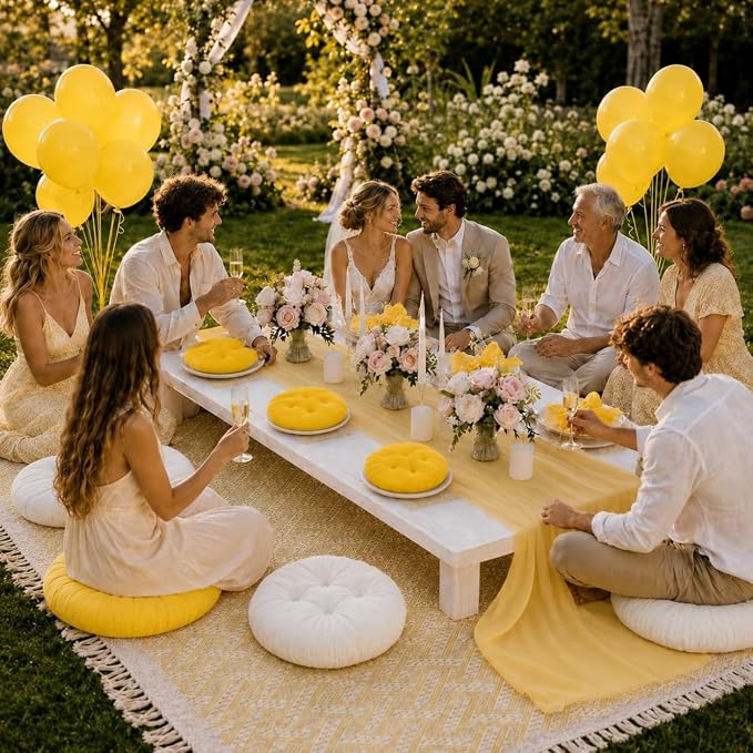 Cinrobiye Boho Picnic Party Set for Outdoor, Aesthetic Picnic Setup with Large Picnic Blanket, Floor Cushions, Table Runner, Napkins, Balloons for Wedding, Bridal Shower, Birthday(Yellow)