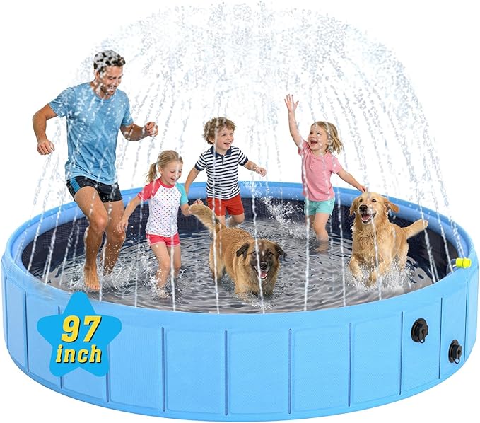 Foldable Dog Pool with Sprinkler, 97 in Extra Large Non-Slip Dog Pet Bath Pool, 2-in-1 Collapsible Pet Bathing Tub Kiddie Pool for Puppy Small Medium Large Dogs Cats and Kids