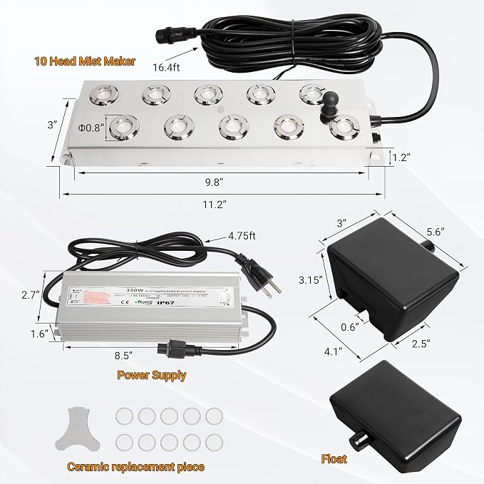 Ultrasonic Mist Fogger Maker 10 Heads, Mist Maker Fogger 7000ml/H | 350W & IP67 Waterproof Power Supply, with 2 Floats & 10 Atomizer Heads Replacements, Perfect for Pond, Greenhouse, Halloween