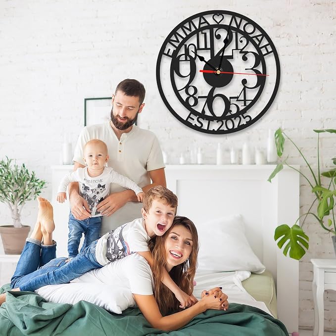 Personalized Outdoor Wall Clock Waterproof, Custom Couple's Name Metal Modern Wall Clock, Non Ticking, Battery Operated, Wedding, Ideal for Living Room, Kitchen, Office, Home Decor