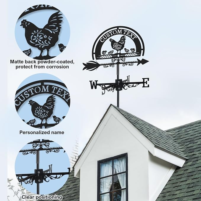 Personalized Metal Weather Vane, Custom Name Weathervane, Chicken Coop Signs, Weather Vanes for Outside, Wind Vanes for Farmhouse Yard Shed Decor, Housewarming Gifts Color08