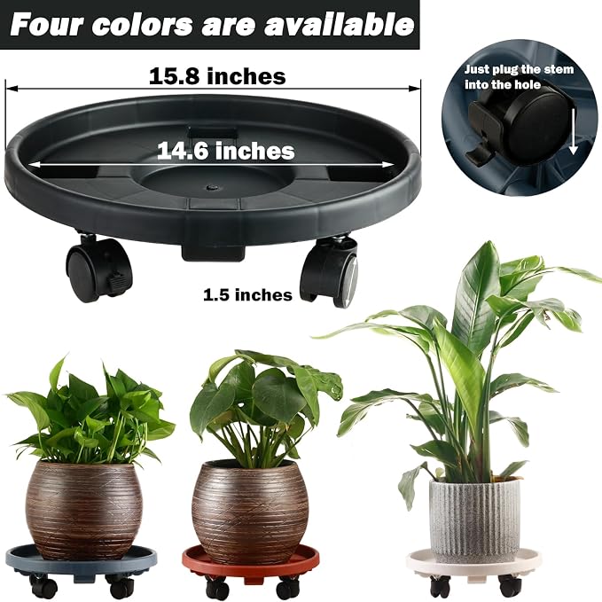 3 Pakcs Large Plant Caddy with Wheels 15.8" Rolling Plant Stands Heavy-duty Plastic Plant Roller Base Pot Movers Plant Saucer on Wheels Indoor Outdoor Plant Dolly with Caster Tray Coaster, Black