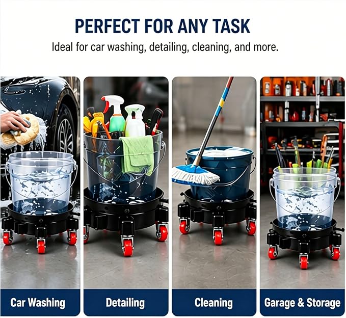 Car Wash Bucket Dolly,5 Gallon Bucket Dolly with 5 Swivel Wheel Casters,360° Rolling Caddy for 3.5 to 6 Gallon Buckets Supports Up to 300 lbs