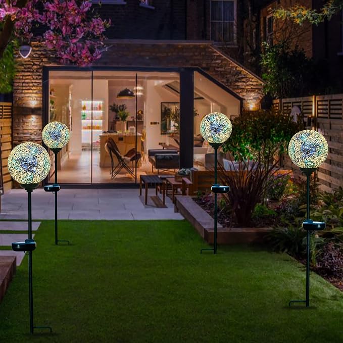 VCUTEKA Decorative Solar Garden Lights, 3.5" Mosaic Globe Stake 2 Pack | Mosaic Glass Design, Solar LED Light, Weather Resistant, Auto On/Off and Metal Stake Design for Lawn and Patio
